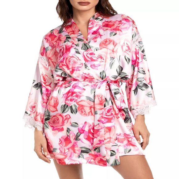 56$ In Bloom by Jonquil Luxe Satin Floral Open-Front Wrap Size XL Powder Pink - Picture 1 of 2